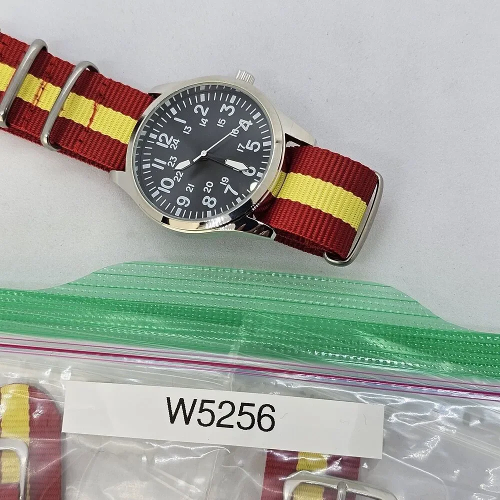 Men's 42MM Field Watch Black Dial Gray‎ Case Red Yellow Canvas Band Strap
